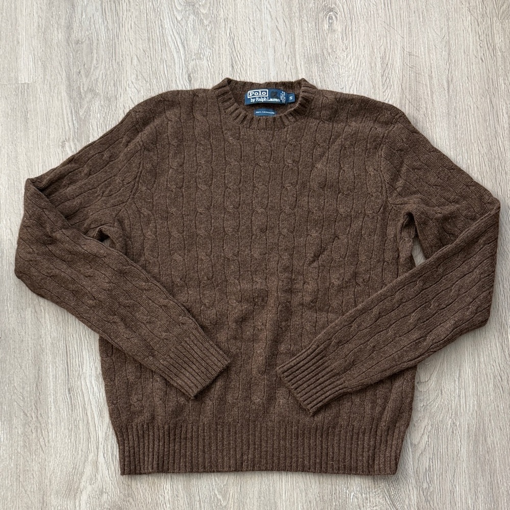 Ralph Lauren Polo Cable Knit Chocolate Crewneck Sweater 100% Cashmere